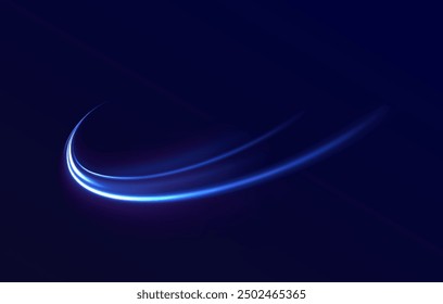 Blue wind waves effect. Abstract light motion trails with sparkles isolated on black background. Light blue Twirl. Curve light effect of blue line. Luminous blue circle.