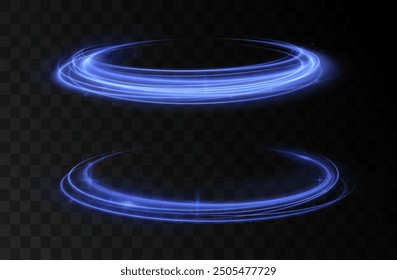 Blue wind waves effect. Abstract light motion trails with sparkles isolated on black background. Light blue Twirl. Curve light effect of blue line. Luminous blue circle.