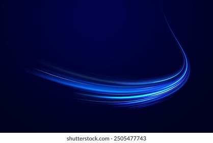 Blue wind waves effect. Abstract light motion trails with sparkles isolated on black background. Light blue Twirl. Curve light effect of blue line. Luminous blue circle.