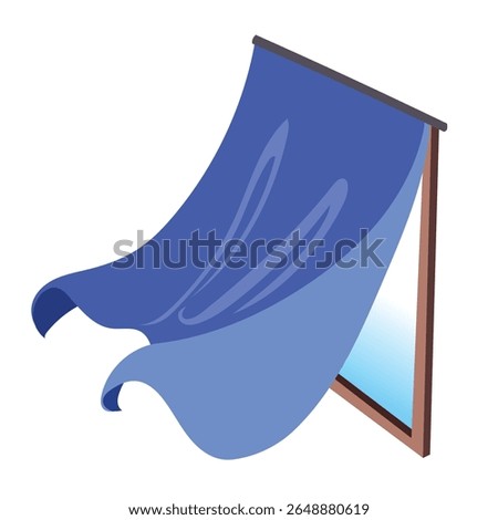 Blue window curtain with wind blowing in illustration isolated on white background.