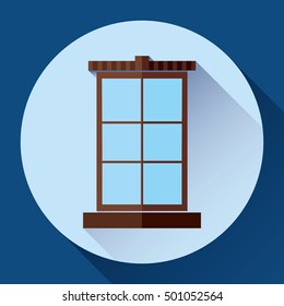 Blue Window. Interior object. Window Flat Icon. On blue background, with long shadow.