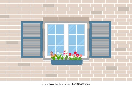 Blue window with shutters on  brick wall. Colorful blooming flowers in a planter. Home garden concept. Flat style. Exterior view. Vector illustration for your design.