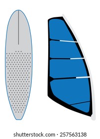 Blue windsurf sail and surfing board vector set isolated, extreme sport, water sport