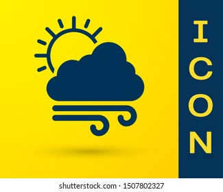 Blue Windy weather icon isolated on yellow background. Cloud with sun and wind.  Vector Illustration