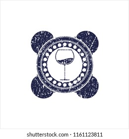 Blue wine cup icon inside distress rubber grunge seal