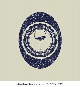Blue wine cup icon inside rubber seal with grunge texture