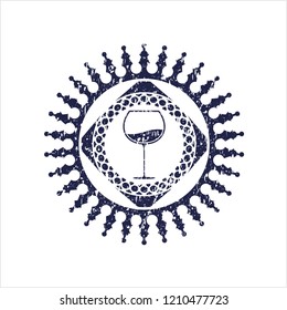 Blue wine cup icon inside rubber seal with grunge texture