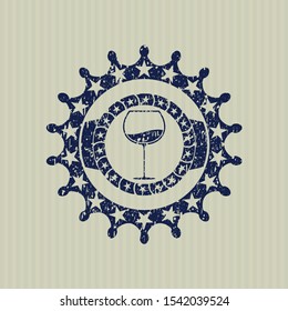 Blue wine cup icon inside distressed rubber seal