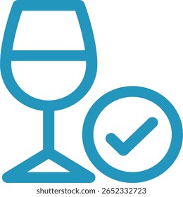 Blue Wine Glass Icon with Check Mark Symbol, Minimalist Design