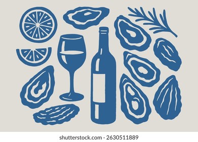 Vinho azul e ostras estilo de recorte ingênuo
