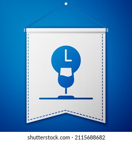 Blue Wine time icon isolated on blue background. Wine glass. Wineglass sign. White pennant template. Vector