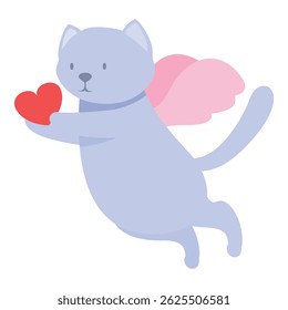 Blue winged cat holding a red heart flying, a funny illustration for valentine's day