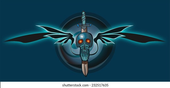 Blue Winged Skull with Red Shiny eyes, with a Glowing Wings and Dark Background, Vector Illustration. 