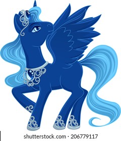 Blue winged unicorn with a light blue mane looks back