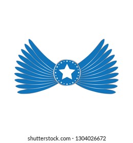 Blue wings emblem with star in circle. Angel wings with star vector eps10.