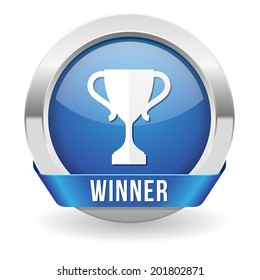 Blue winner button with metallic border on white background