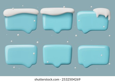 Blue winter 3d realistic speech bubbles collection with icicles and snow. Empty chat boxes with copy space for your text.