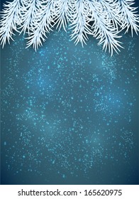 Blue winter abstract background. Christmas illustration with snowflakes and sparkles. White fir needles. Vector.