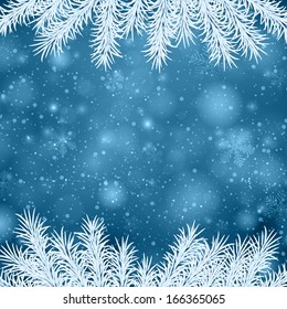 Blue winter abstract background. Christmas illustration with snowflakes and sparkles. White fir needles. Vector. 