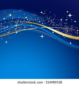 Blue winter abstract background. Christmas background with gold wave. Vector.