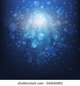 Blue winter abstract background. Christmas background with snowflakes. Vector glittering  bokeh background. 
