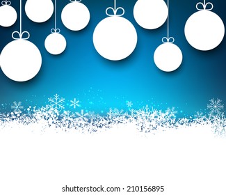 Blue winter abstract background with paper christmas balls and sparkles. Vector.  