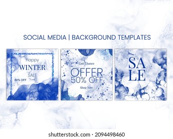 Blue Winter Alcohol Ink Social Media Template Backgrounds. 
