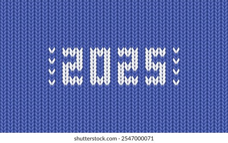 Blue winter background with 2025 knit pattern. Wool fabric texture for Happy New Year and Christmas holidays. Nordic knitting jumper with year number. 2025 embroidery on cloth, vector illustration