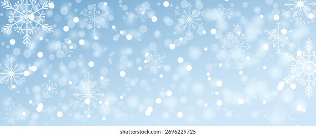 Blue winter background with beautiful snowflakes, highlights, and blurs for design. Snowfall wallpaper in white, turquoise, and blue. Christmas snowflakes on a blue background, vector illustration.
