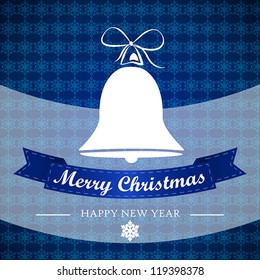 blue winter background with bell and ribbon. christmas card.