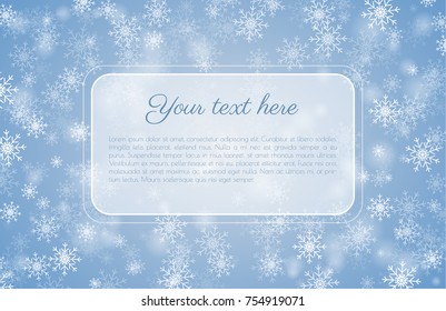 Blue winter background with copy space and advertising area. Vector illustration with snowflakes.