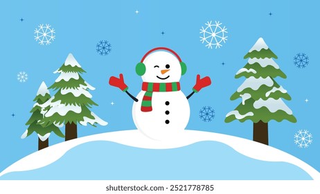 Blue Winter Background with Cute Snowman and Pine Trees