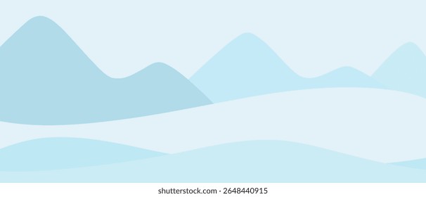 Blue winter background, landscape of snowy mountains, snowdrifts, vector, flat design. A Christmas background element for banners, postcards, invitations with a place for text. Mountain peaks, cartoon