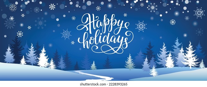 Blue winter background. Merry Christmas postcard template with winter forest and lettering phrase Happy Holidays. Festive banner. Vector illustration.