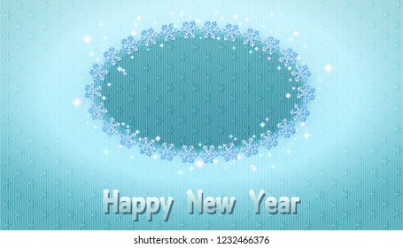 Blue winter background with oval frame of snowflaks. Vector illustration.