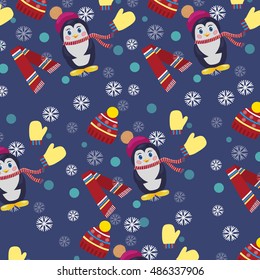 blue winter background with penguins, scarf, hat and snowflakes