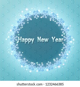 Blue winter background with round frame of snowflaks. Vector illustration.