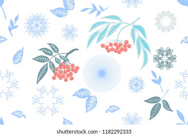 Blue winter background. Seamless vector pattern with rowan branches, snowflakes and floral elements. Simple design for textile, cards and packaging.