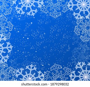 Fondo de invierno azul con diseño vectorial de marco ornamento de nieve