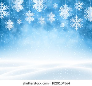 Blauer Winterhintergrund mit Schneeflocken und hängenden Papierschneeflocken. Platz für Ihren Text. Vektorgrafik.