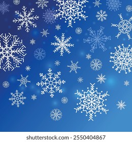Blue winter background with snowflakes. Cute falling snow flakes illustration. Wintertime frozen granules. Snowfall sky white teal wallpaper. December theme. Snow hurricane landscape.
