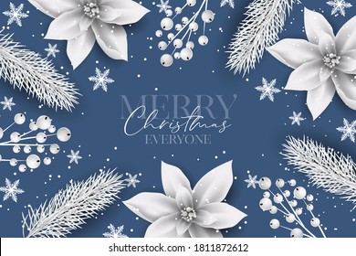 Blue winter background white frozen  poinsettia fir tree branches berries frappe Merry Christmas party invitation Sale banner