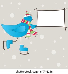 Blue winter bird with message. Vector illustration