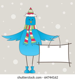 Blue winter bird with message. Vector illustration