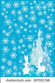 Blue winter Christmas background with falling snowflakes and fir trees, and rabbits