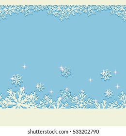 Blue winter Christmas background with glittering snowflakes. Seamless horizontal New Year pattern. Vector illustration