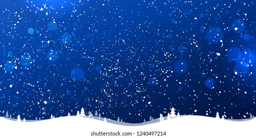 Blue winter Christmas background with landscape, snowflakes, light, stars. Xmas and New Year card. Vector Illustration