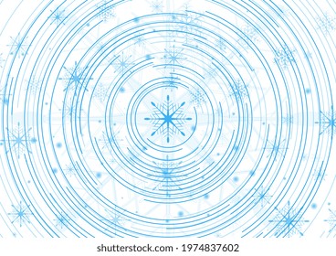 Blue winter Christmas tech abstract background with circular lines and snowflakes. Vector concept greeting card illustration