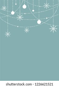 Blue winter Christmas vertical background with border of white snowflakes, stars and ribbons. New Year backdrop. Vector poster for card, invitation, wallpaper.