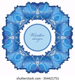 Blue winter circle wedding frame. Hoarfrost texture decor border background. Winter blue frozen background. Blue circle template and text winter design isolated on white background Vector illustration